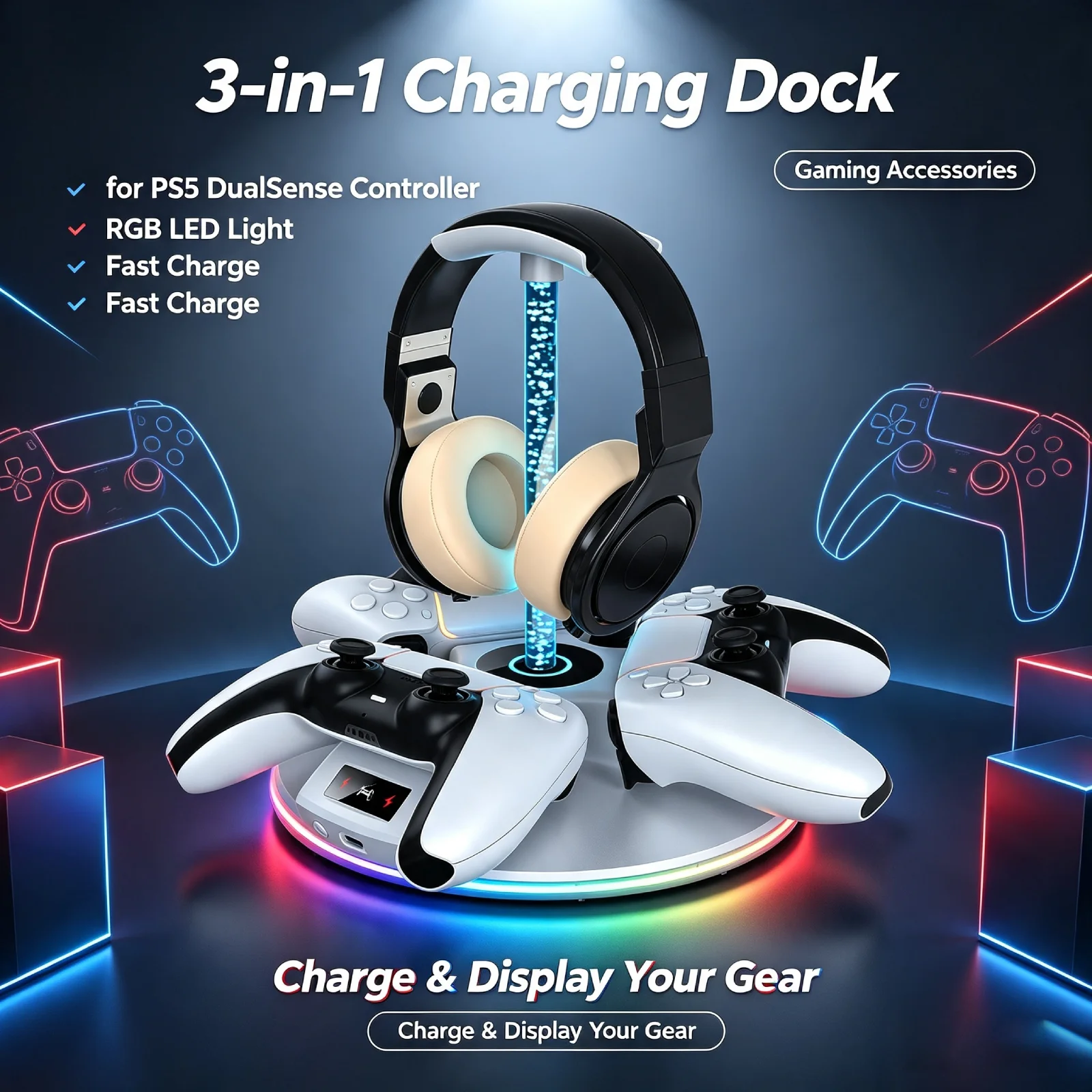 For PS5 DualSense Controller Charger Stand 3-in-1 Charging Dock RGB LED Light Fast Charging Gaming Accessories