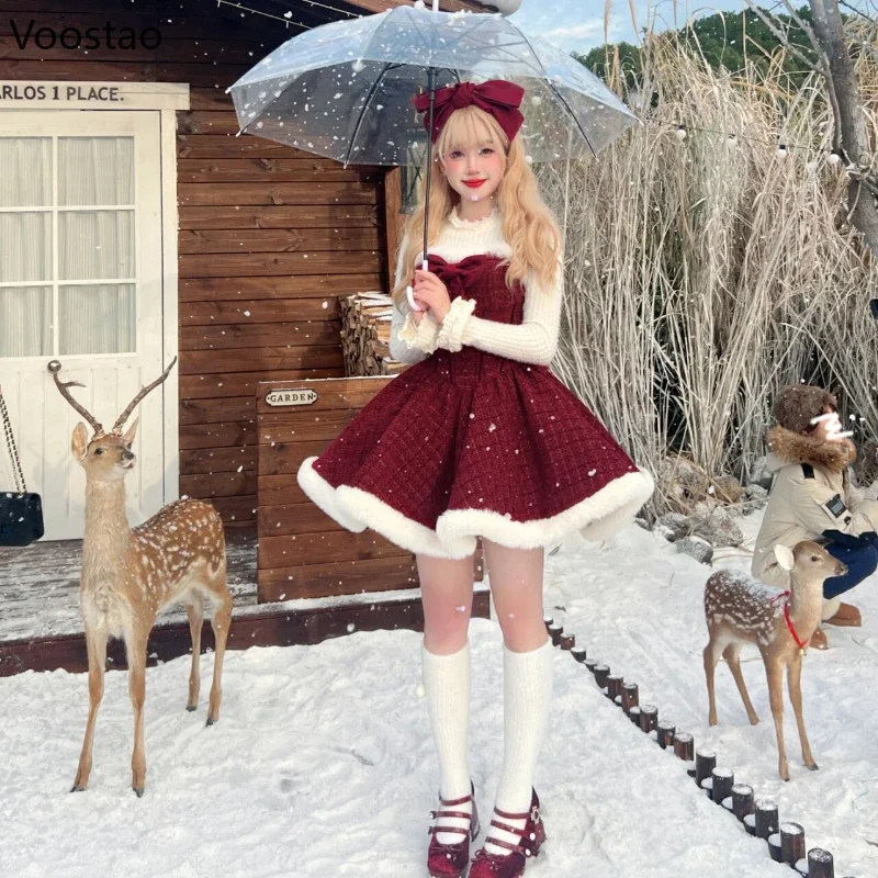 Autumn Winter Christmas Red Dress Sets Women Sweet Bow Plush Shawl Short Jackets Mini Skirts Suit Kawaii New Year 3 Piece Set