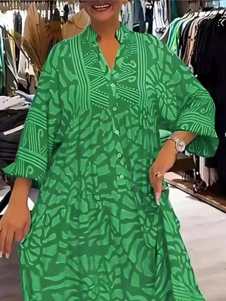 Abito da donna casual con stampa floreale Abito lungo elegante primaverile con scollo a V ampio Abito lungo autunno manica lunga Moda Boho Abiti lunghi