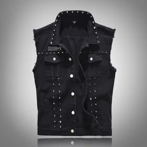 New Fashion Men Rivet Punk Denim Vests Jackets Trendy Motorcycle Sleeveless Coats Male Streetwear Slim Fit Jeans Waistcoats 5XL