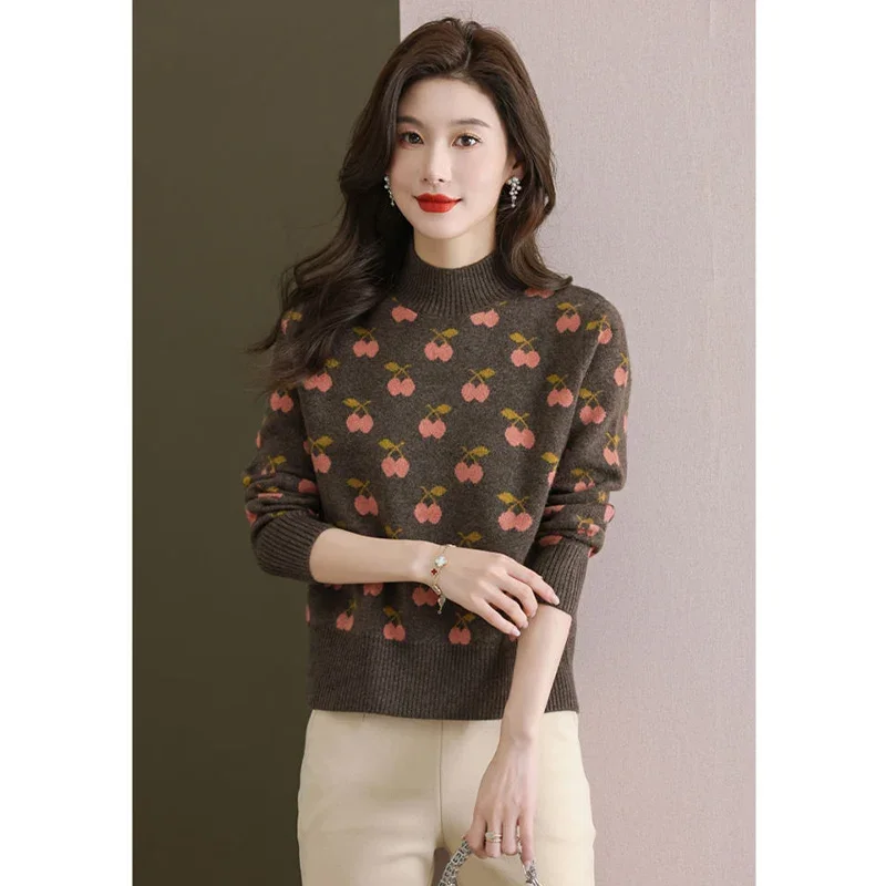 Women Clothing High-quality Wool Sweater Half High Collar Jacquard Knit Casual Loose Tops Female Winter Simple Fashion Jumper