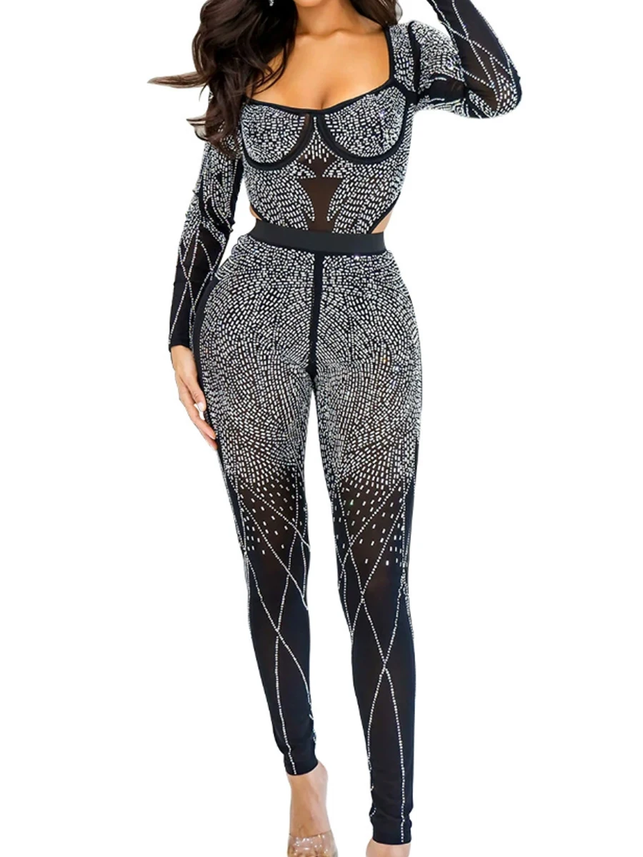 

Сексуальный однотонный комбинезон из прозрачной сетки с декором из страз и вырезами, облегающий крой