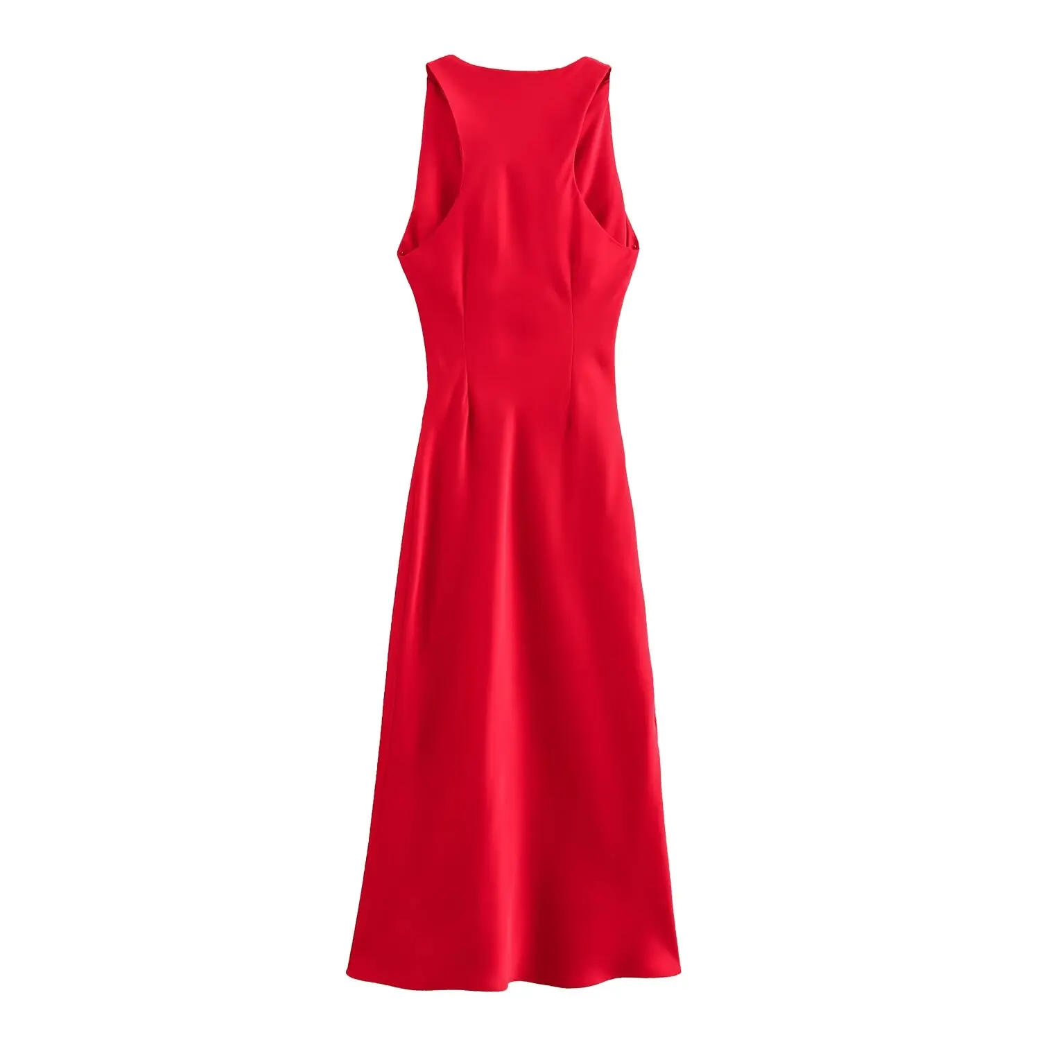 ZA women's 2024 autumn and winter new dress with a one necked silk satin texture, pleated shoulder, red Midi long skirt