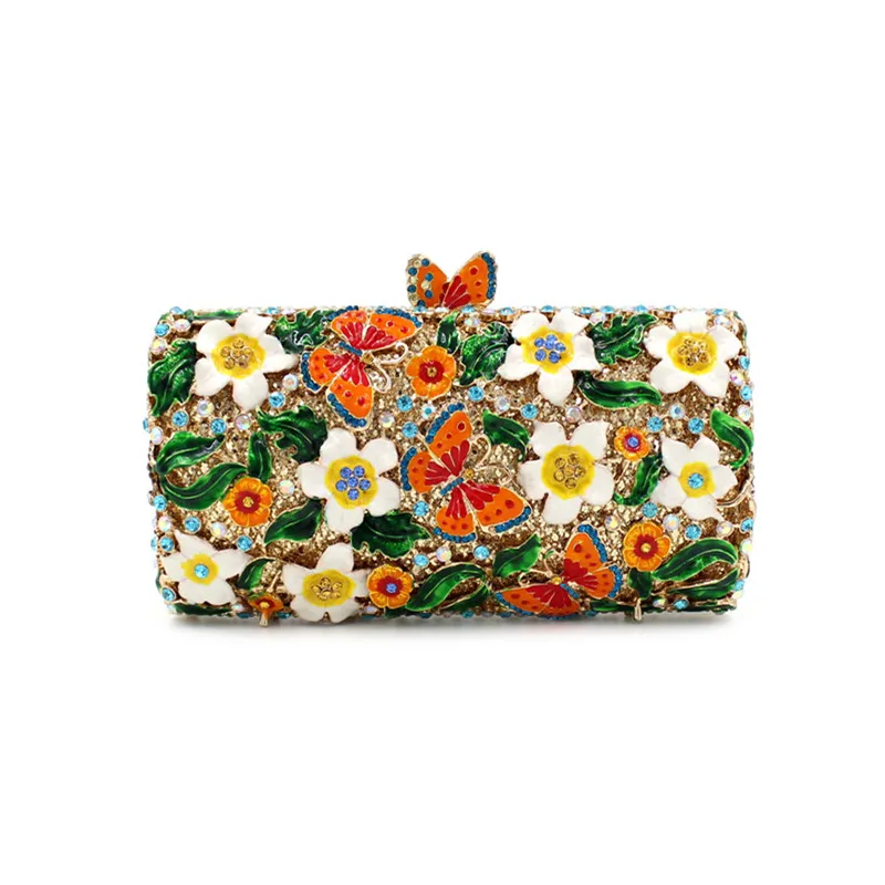 Purple Floral Crystal Women Clutch Bag Fashion Blue Butterfly Evening Clutches Purse Ladies Green Leaves Handbags Female Clutch