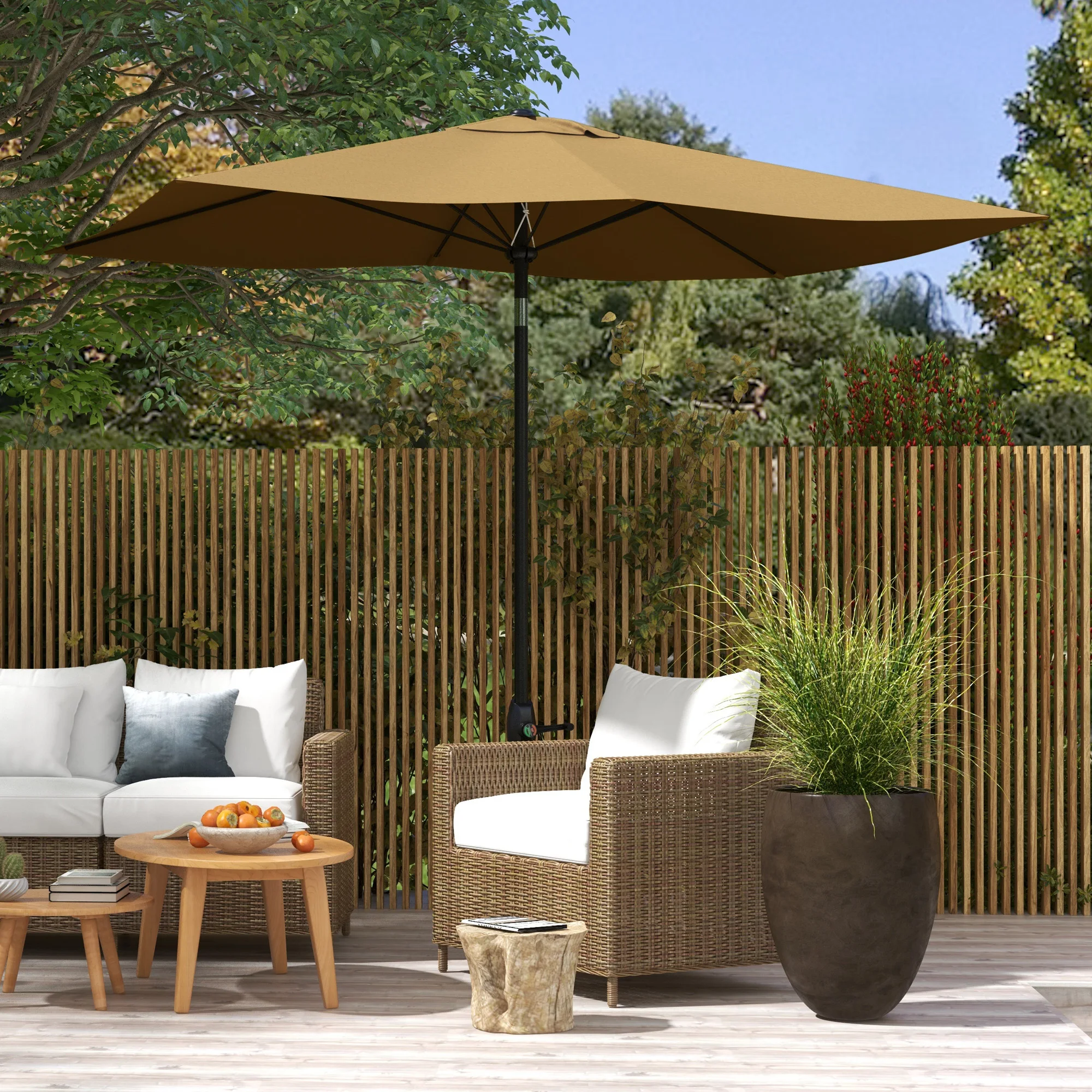 6.6' x 10' Rectangular Market Umbrella, Patio Outdoor Table Umbrella with Crank and Push Button Tilt, Coffee