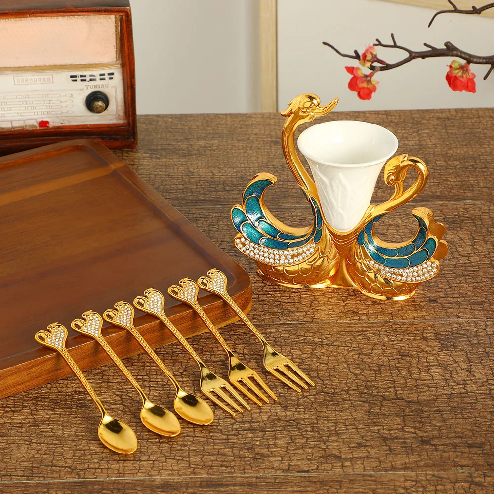 diamond inlaid swan tableware set with creative base, dessert spoon,cake fork, personalized light luxury coffee spoon decoration