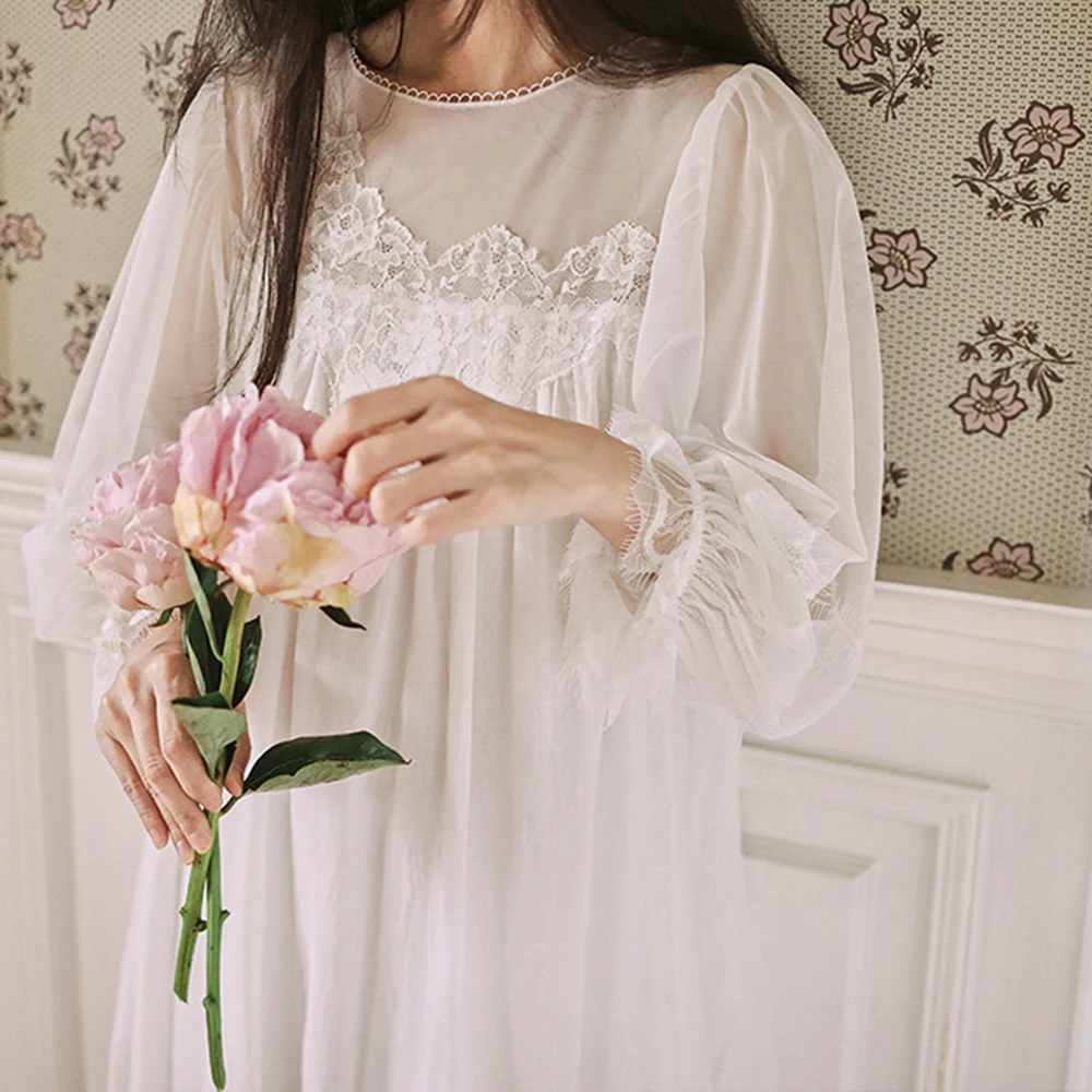 2024 New Women Beautiful Nightgown Fairy Long White Pink Nightdress Retro Palace Lace Gauze Morning Robe For Spring Summer