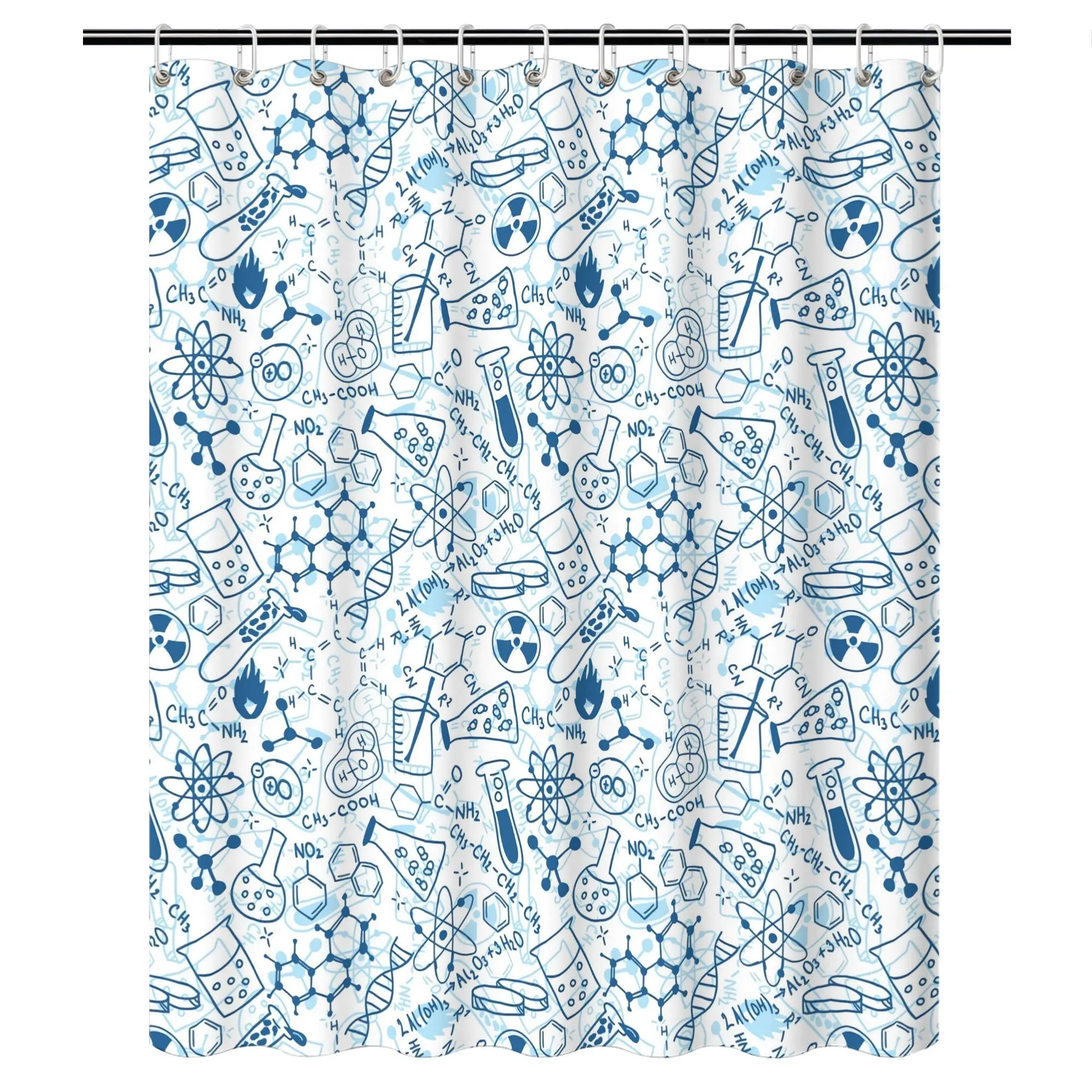 Blue Chemistry Molecules Shower Curtain Science Bath Liner Gift Decor Novelty Pattern for Chemist Lover Scientific Art Print Bat