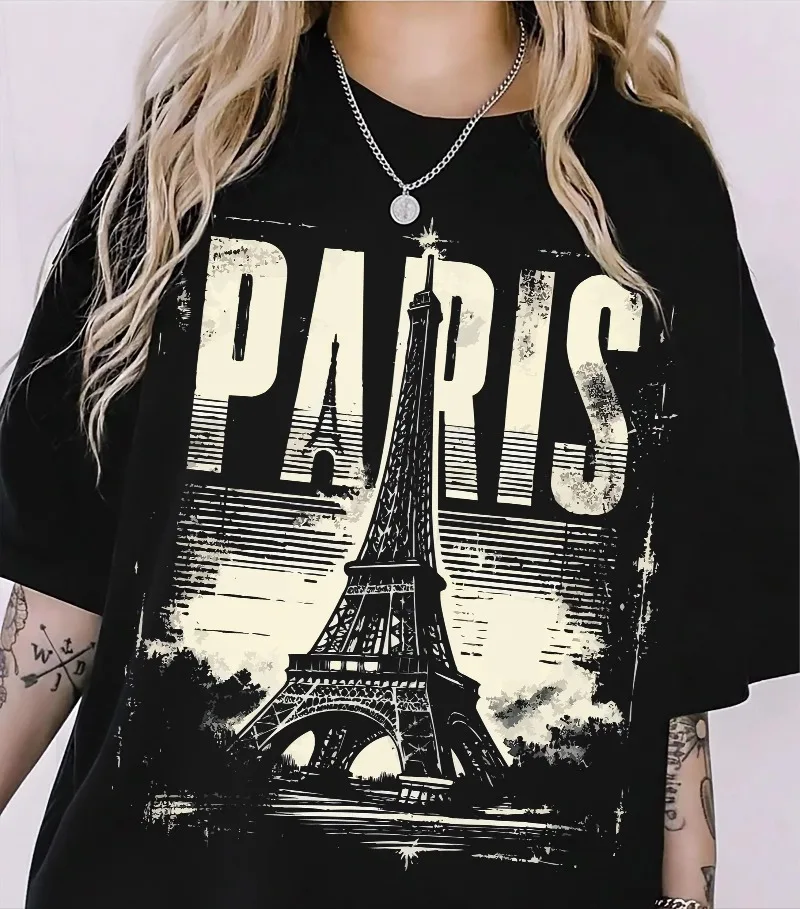 Paris Eiffel Tower T-Shirt: Euro Trip Souvenir Tee Summer Men's and Women's Loose and Breathable T-shirt Top