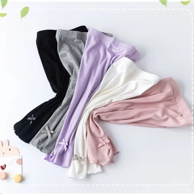 2026 Summer Kids Cute Seven Point Leggings 3-10Y Girls Solid Color Bow Waist Elastic Breathable Pants Children Clothes view 5