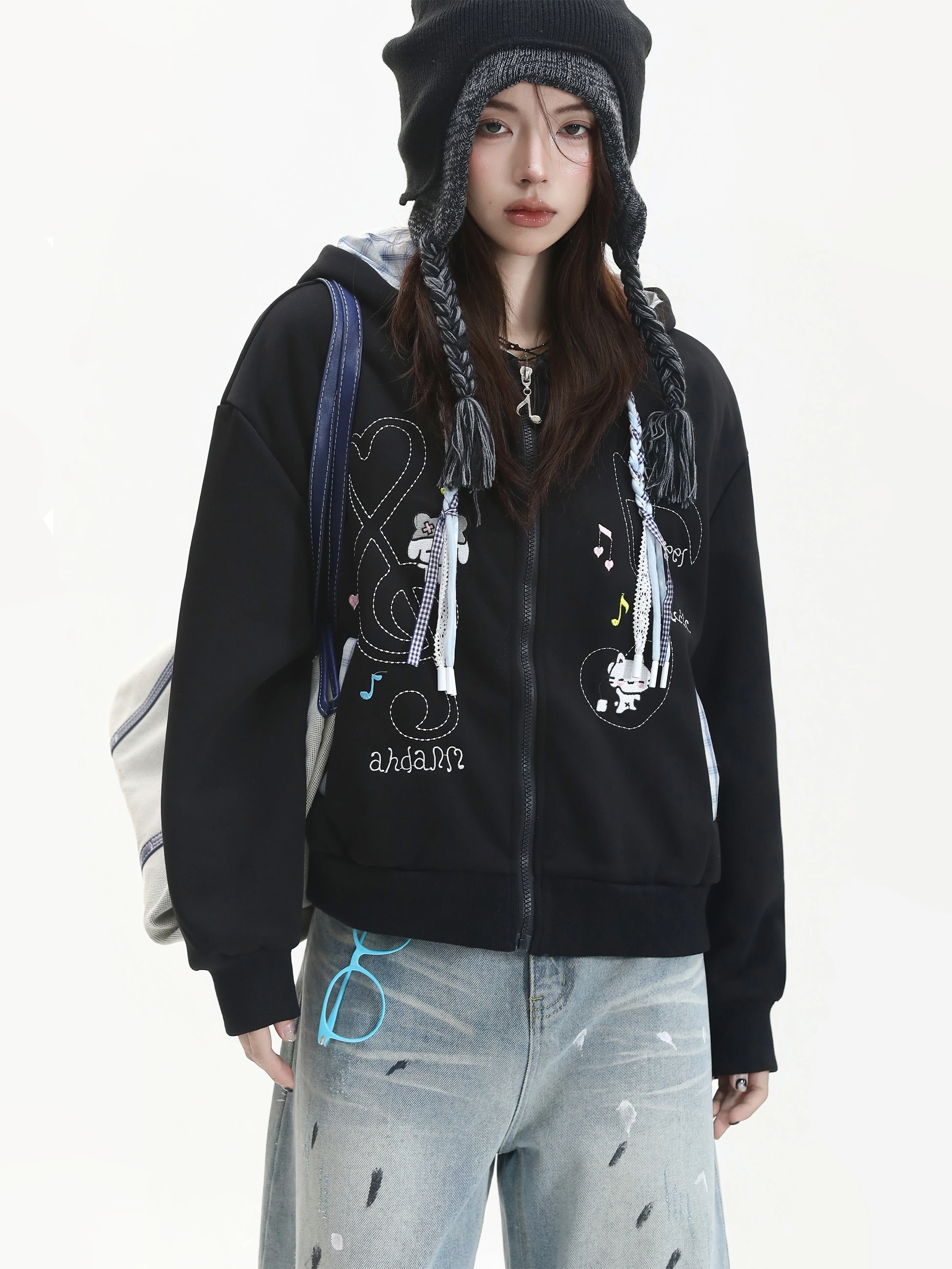 American Style Cartoon Embroidery Loose Fit Hoodie Women's Design Early Autumn Short Outerwear Casual Loose Long Sleeve