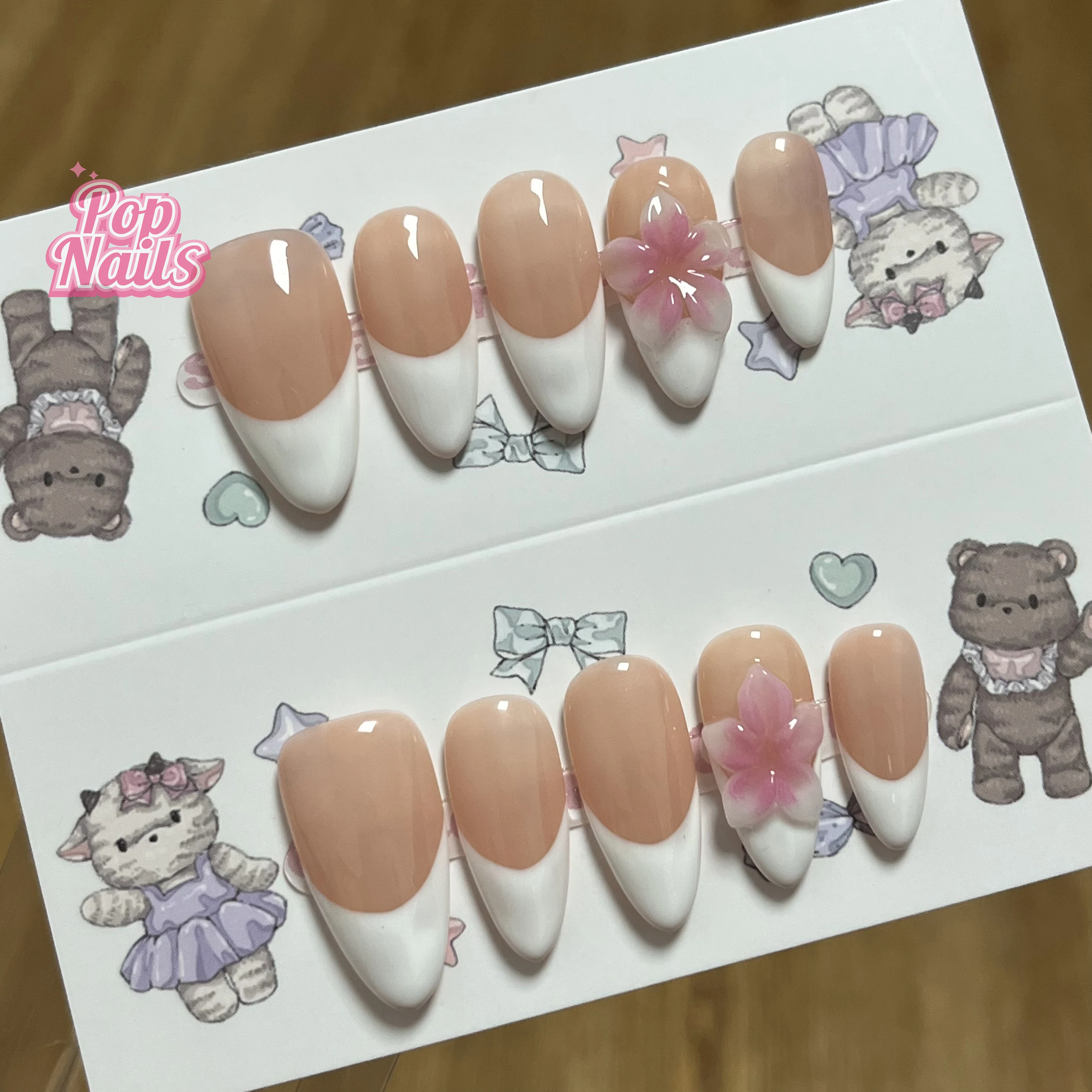 

White French Tip Press on Nails 3D Flower Artificial Finger Manicure Pink Flowers Handmade Short Almond False Nail Tips Pressons
