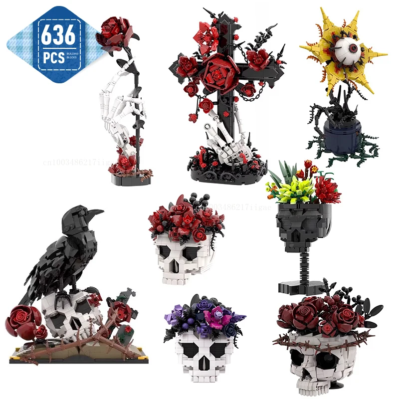 Set de Bloques de Construcción MOC de Halloween, Cabeza de Cuervo, Calavera, Flor, Rosa, Modelo para Armar, Creativo, Regalo de Cumpleaños, Navidad