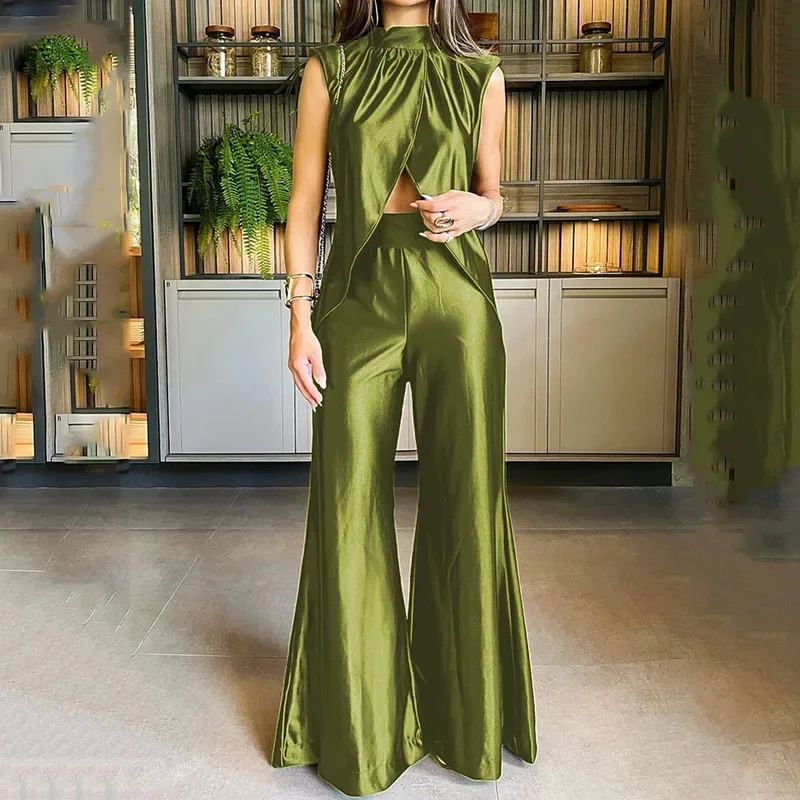 Women Wide Leg Pants Set Vest Sleeveless Top & Cuffed Pant Sets Cross Two Piece Suit Shirt Y2k Tops Midi Waist Trousers Suits