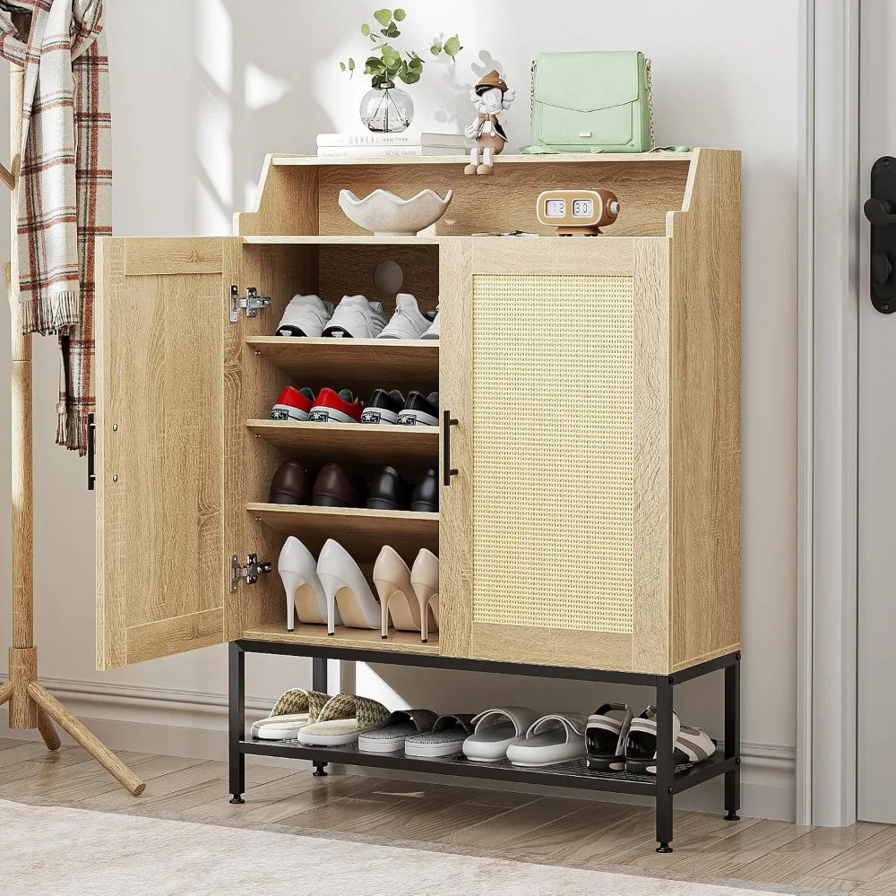 

7-Tier Shoe Storage Cabinet with Rattan Doors, Shoe Rack Organizer Cabinet with Adjustable Shelves & Buffer Hinge, Freestanding