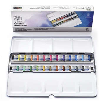Winsor Newton Cotman Acquerelli Vernice 24 Mezze vaschette Colori Acquerello Pattle Set Scatola per schizzi in metallo Pigmento