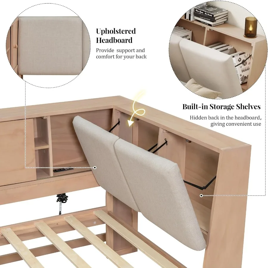 سرير نهاري خشبي كامل الحجم على شكل حرف L خزائن كتب سرير نهاري سرير زاوية مع أبواب منزلقة منجدة على اللوح الأمامي وسحب سفلي