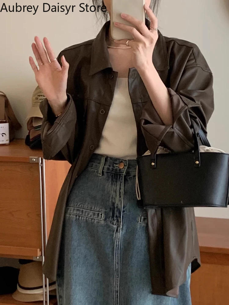 Jaqueta de couro marrom para mulheres, blazer de couro falso, Parkas casual coreano, jaqueta fina de motociclista moto streetwear punk, verão, nova