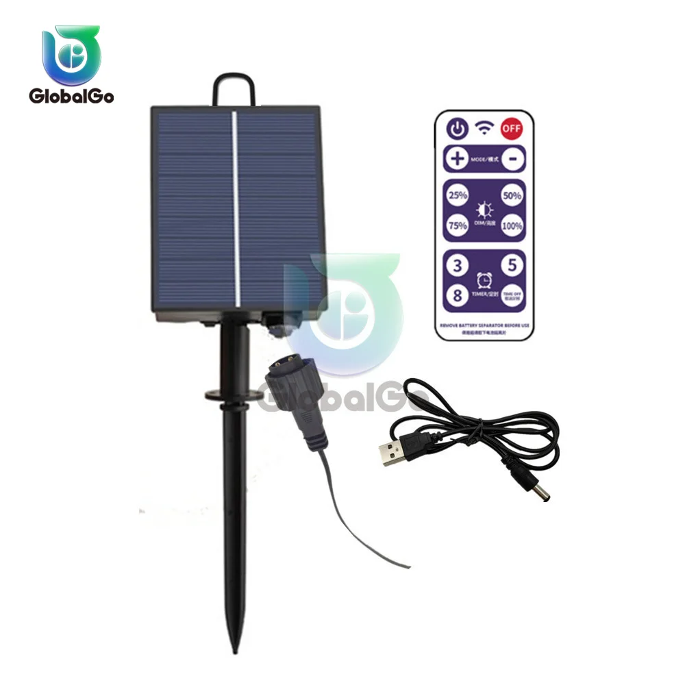 Solar Panel With 8 Flash Modes Remote Controller Male and Female Connect for 4.5V 5V 24V LED Light String Brightness DIM Timer