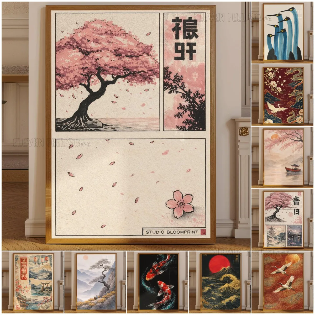 

1pc frameless Canvas Painting Cherry Blossom Poster, Japanese Sakura Tree Wall Art Print, Vintage Asian Landscape Decor, Pink Fl