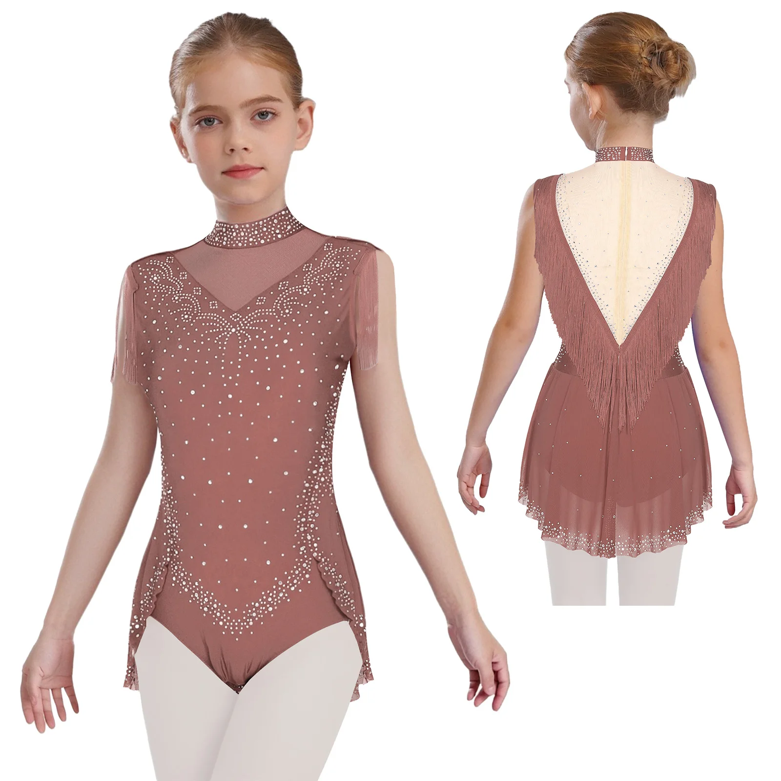 Combinaison de gymnastique rythmique pour filles, body à jupe à franges en maille transparente pour enfants et adolescents, justaucorps de danse de Ballet, de patinage