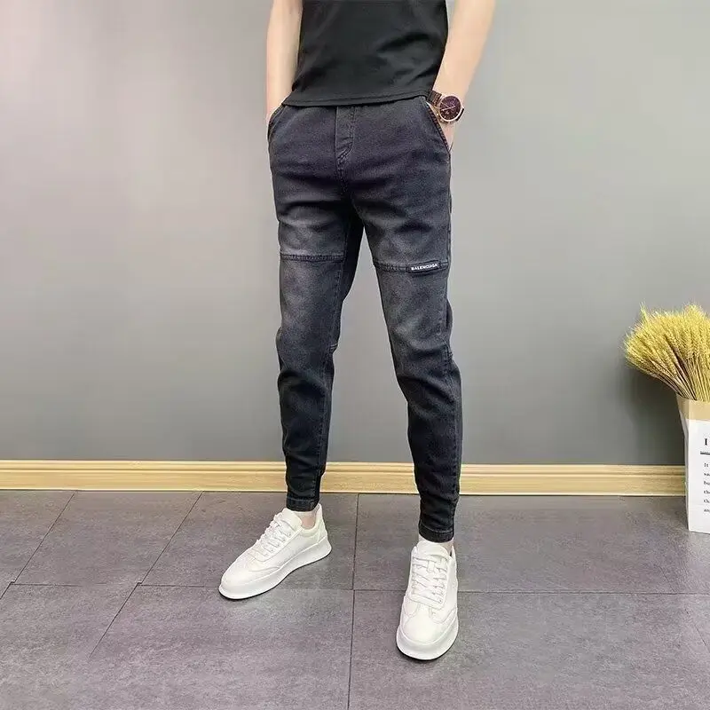 

New Trendy Men's Bla ey Denim Pants High Waist Straight Leg Slim Fit Casual Trousers for Spring Autumn And Daily Wear