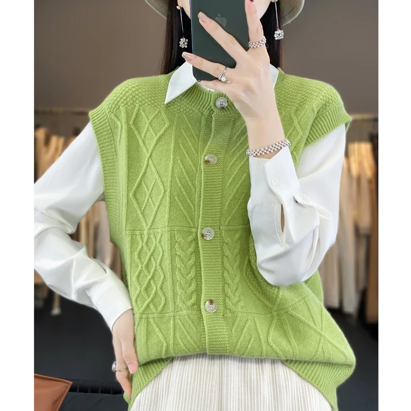 

Knitted Waistcoat for Women, 100% Wool Cardigan, Sleeveless, Twisted Flower, Korean Version, Loose and Sweater Vest, Autumn and