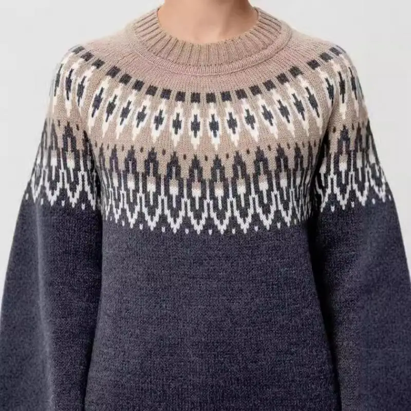 Sweter Fair Isle z okrągłym dekoltem i blokami kolorów Luźny, modny sweter z dzianiny na odzież zimową 2024