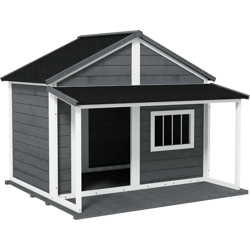 Outdoor Dog House Cabin Style,Wooden Raised Pet Kennel with Asphalt Roof,Front Door,Side Window,Porch for Medium and Large Dogs