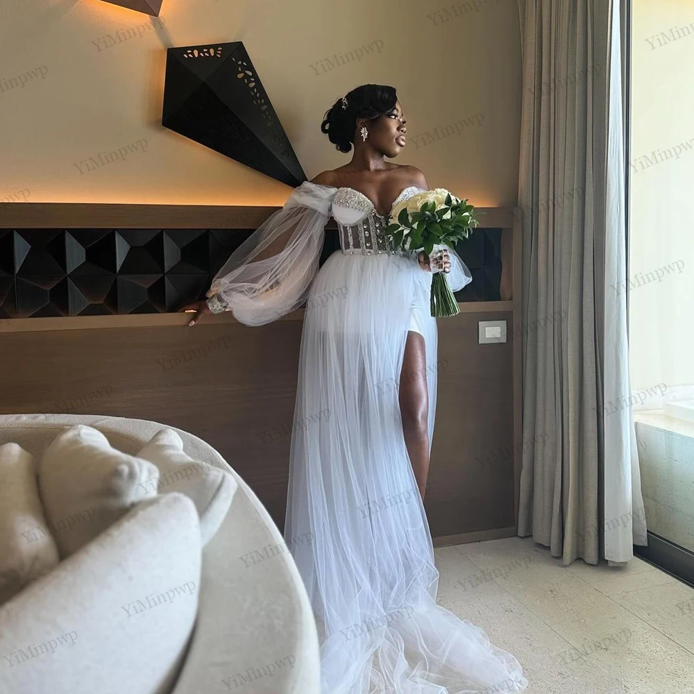 

African Weddings Dresses Bridal Off Shoulder Puff Sleeve Crystals Bridal Robes Wedding For Photoshoot Wedding Shower Customized