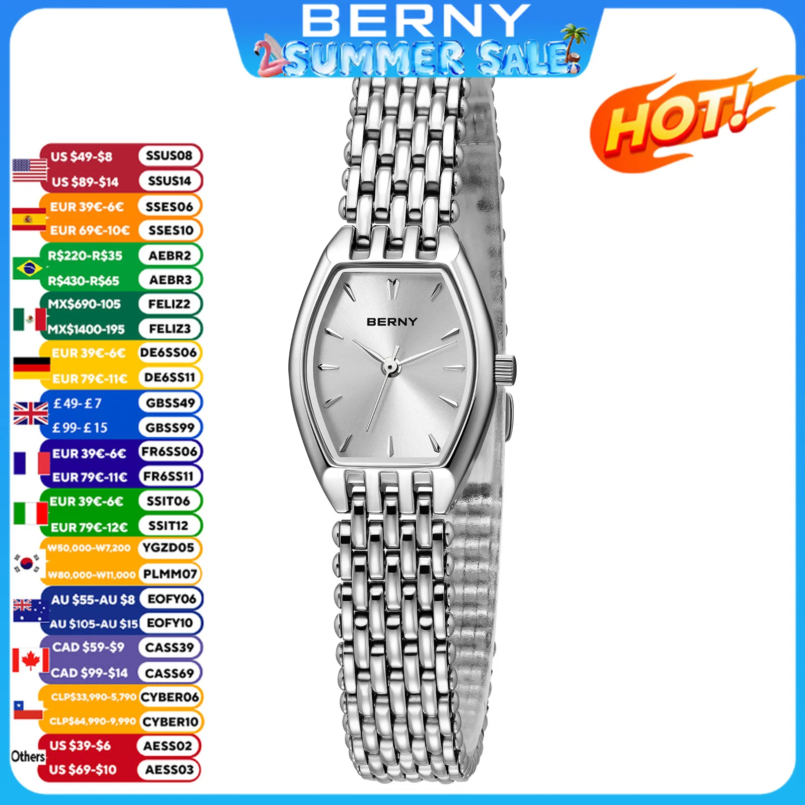 

BERNY Watches For Women Ultra-thin Elegant Ladies Quartz Watch Casual Stainless Steel Fashion Lightweight Dress Wristwatch