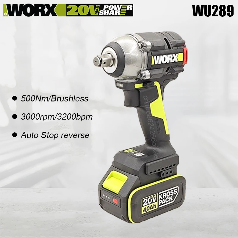 

Worx WU289 Wireless Impact Wrench Recharger Brushless 20v 500Nm 3000rpm 3200ipm Auto Stop Universal 5pin Green and Kress Battery