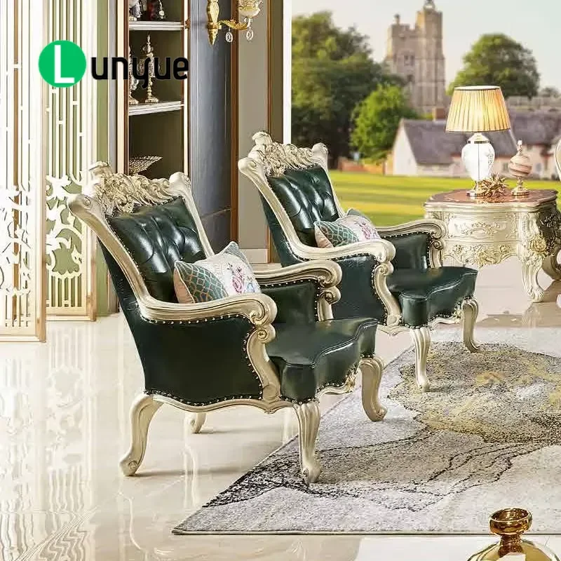 Royal European Luxury Leather Sofa Antique Wooden Frame Chinese Style Living Room Furniture Comfortable Elegant Home Decor