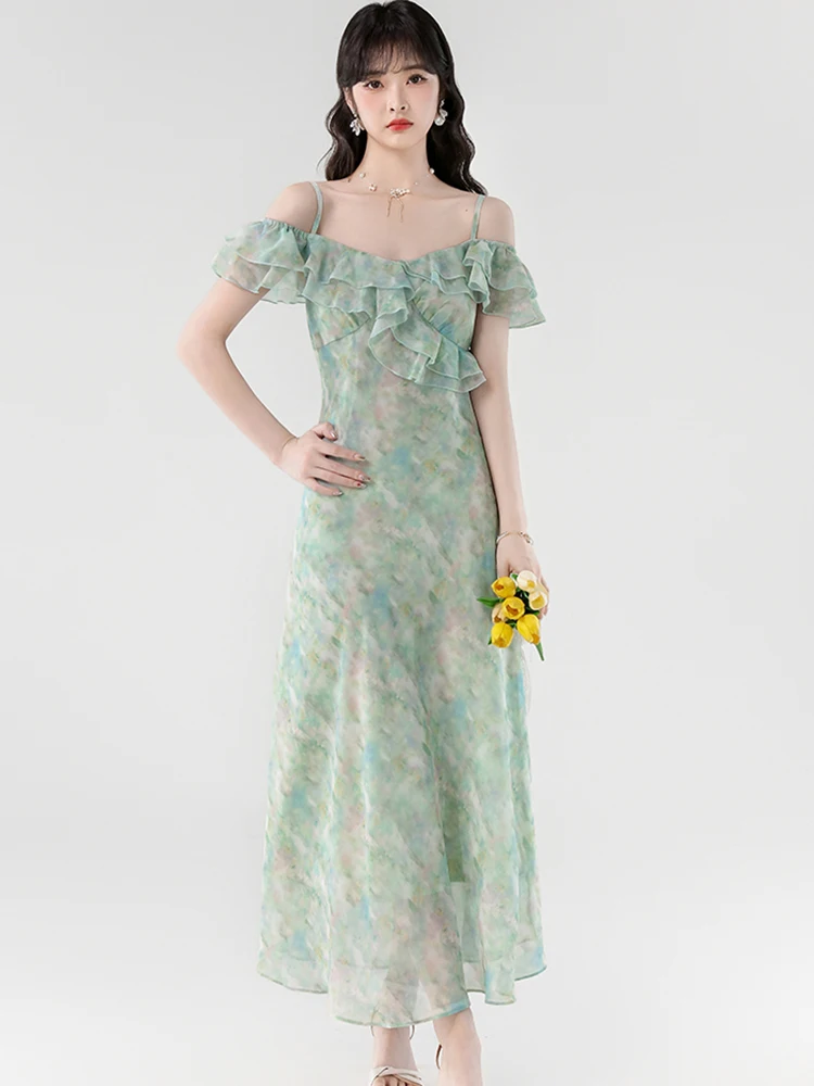 

2025 New Green Floral Chiffon Chic Ruffled Casual Sling Dress Summer Elegant Bodycon Beach Dresses Women Korean One Piece Dress