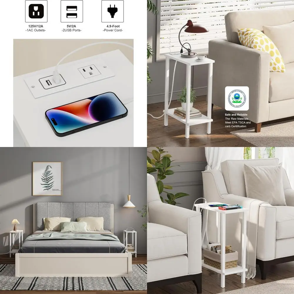 

Двойные торцевые столики с зарядкой через USB, тонкие белые приставные столики с розетками, набор из 2 шт., для гостиной и спальни, TB01BW0602