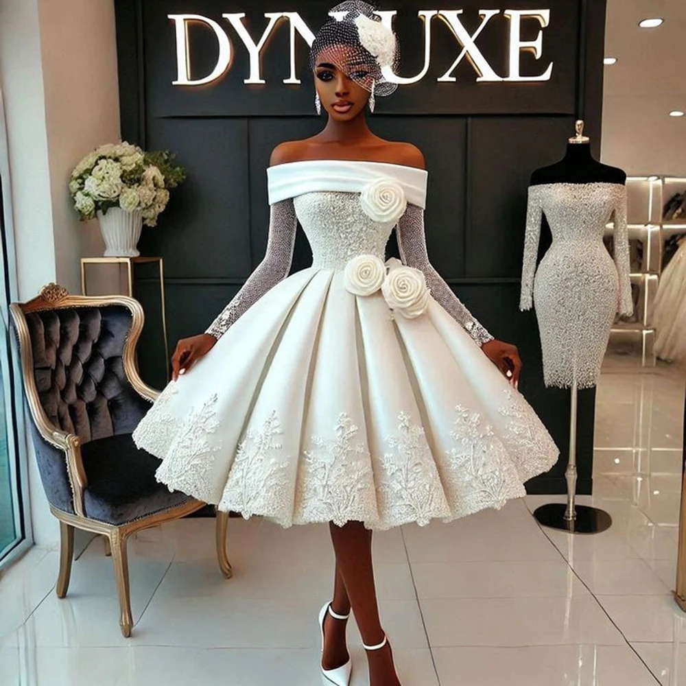 

White Off-The-Shoulder Prom Dress for Girls Sheer Long Sleeves Lace Appliques 3D Flowers Short Evening Gown for Cocktail Party