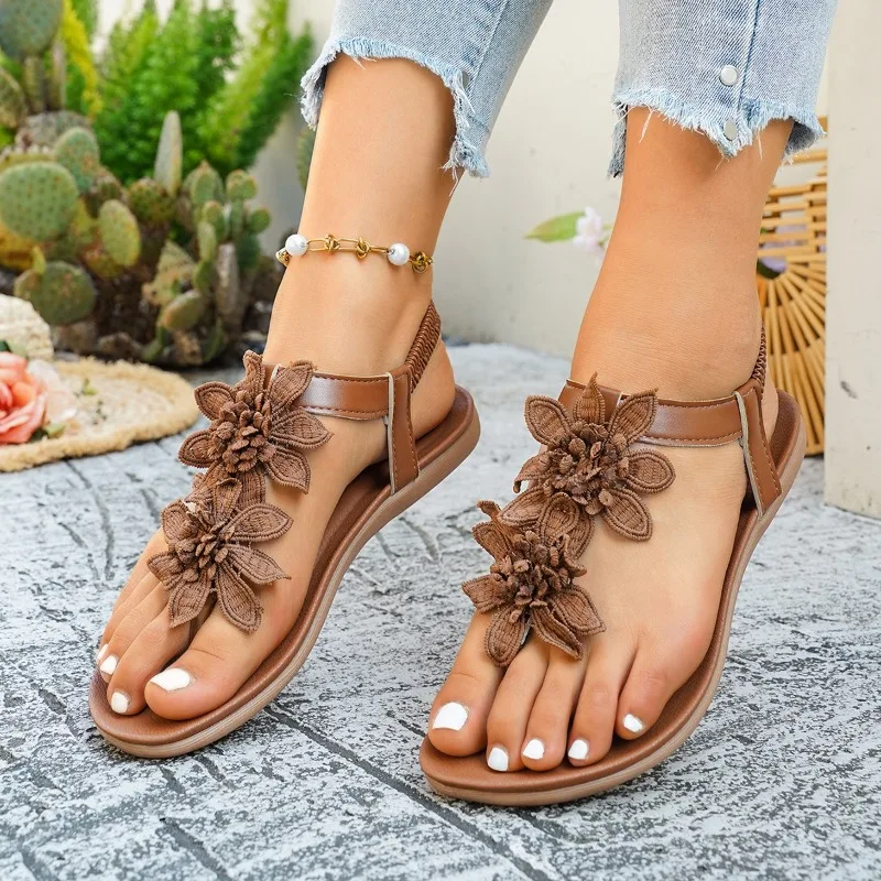 Modische Damen-Sandalen mit Blumenverzierung, sexy offene Zehenpartie, atmungsaktive Sandalen mit elastischem Band, sommerliche, lässige Strand-Sandalen mit runder Zehenpartie