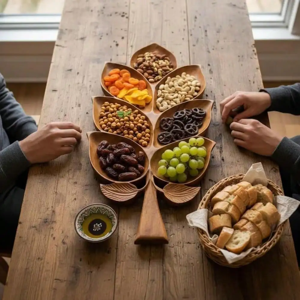 Wooden Leaf-Shaped Serving Platter Set, Multi-Compartment Snack Tray For Fruits Nuts Candies, Rustic Farmhouse Decorative Serving Bowl For Parties Gatherings Kitchen Dining Table