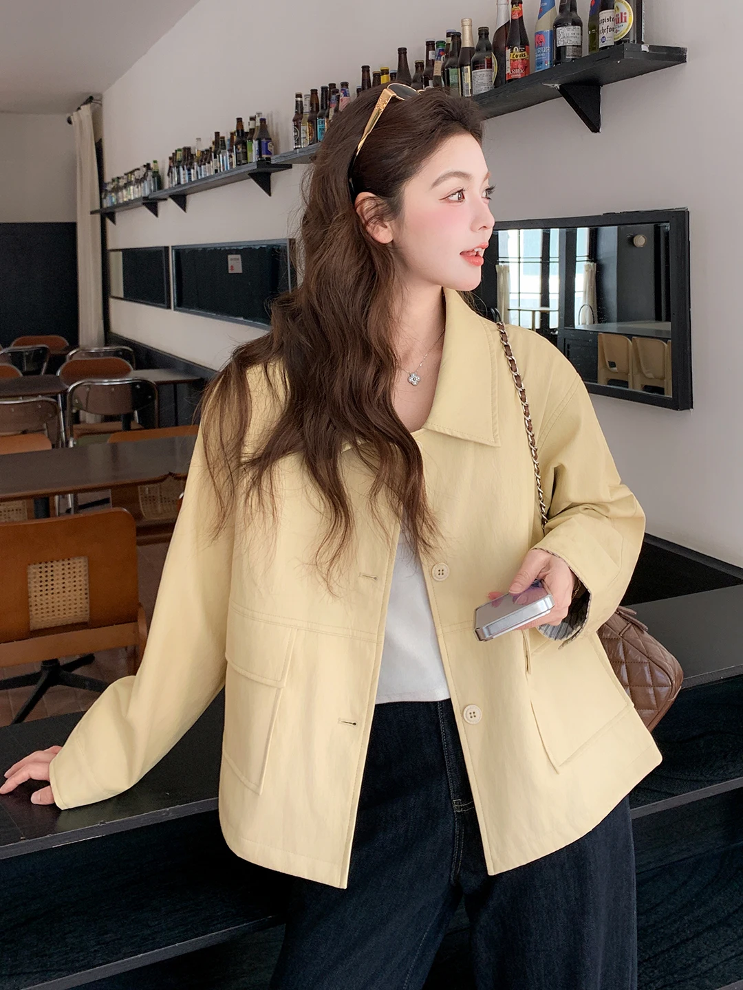 

Casual Stripe Spliced Yellow Single Button PU Leather Jacket Women's 2026 Spring Autumn New Korean Style Fashionable Jacket