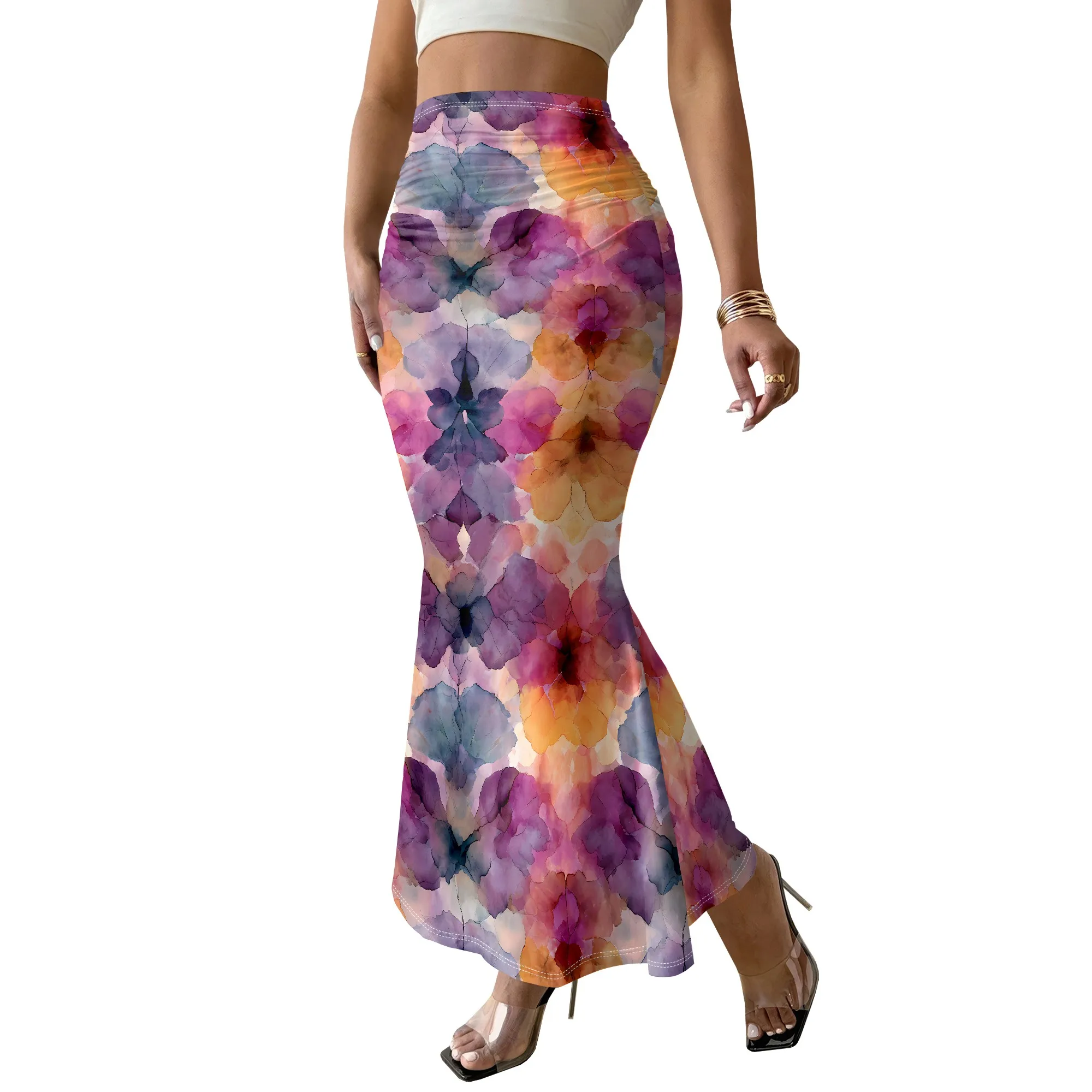 Watercolor Butterfly Print Skirt, Floral Mermaid Skirt, Boho Beach Maxi Skirt, Summer Vacation Outfit, S-2XL