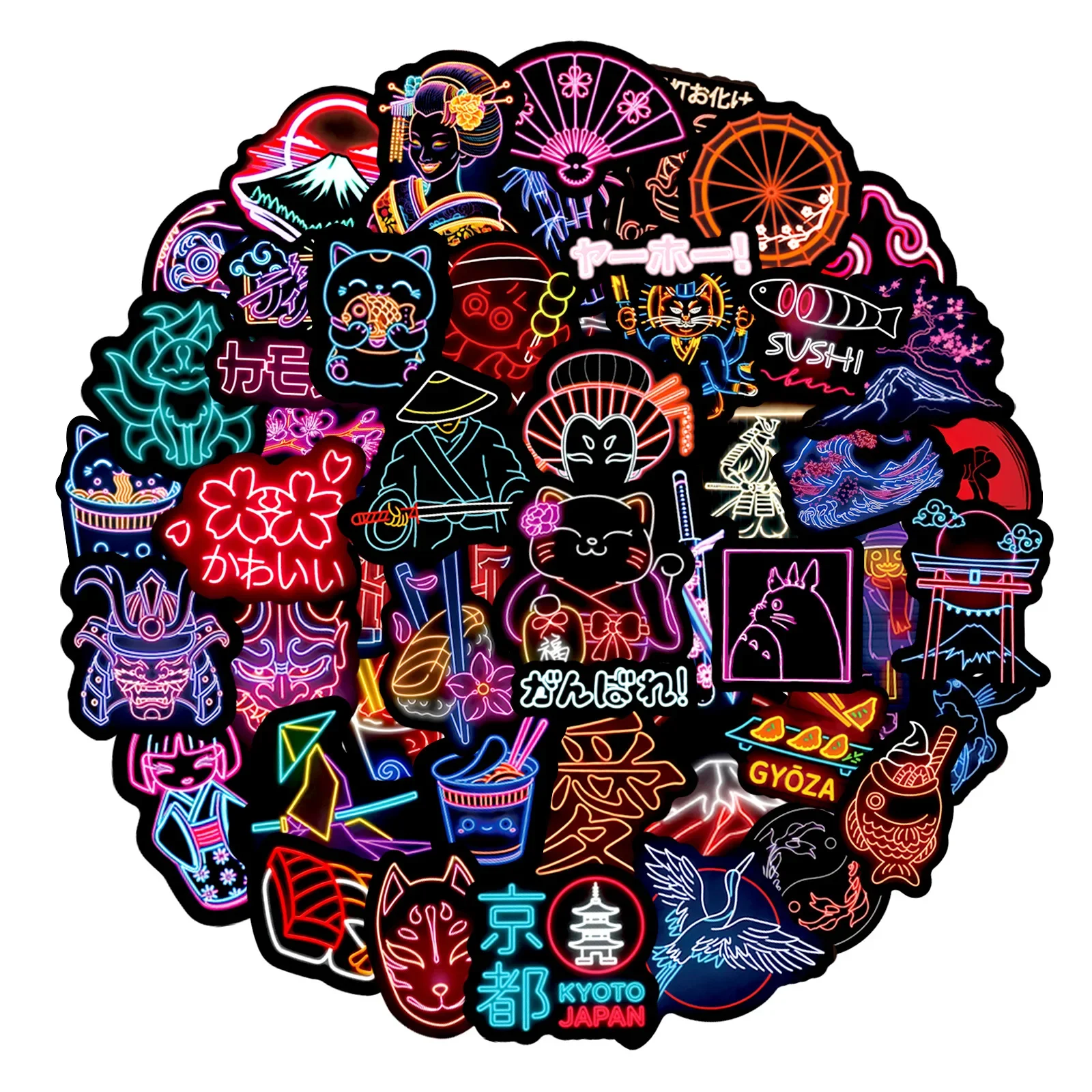 

50PCS Japanese Kyoto Neon Style Stickers Not Glowing Cute Decals DIY Travel Suitcase Phone Notebook Guitar Graffiti Toys Gifts