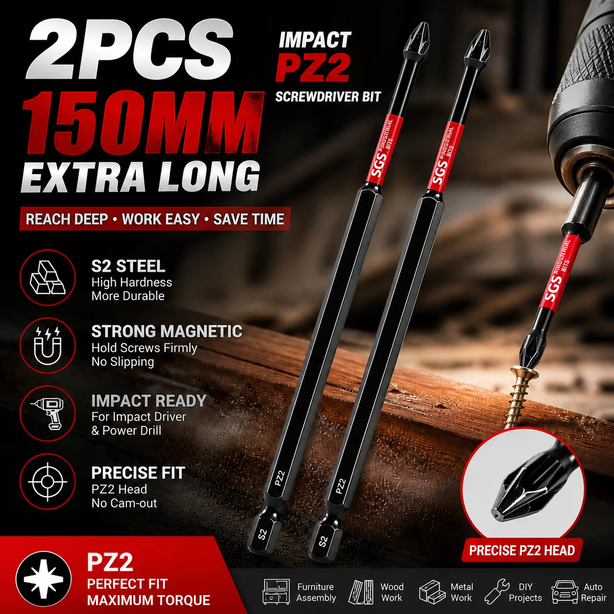 2/4/8PCS PZ2 Screwdriver Bits 150mm S2 Steel Extra Long Pozidriv Driver Bits 1/4 Hex Shank Drill Bits for Power Tools view 3