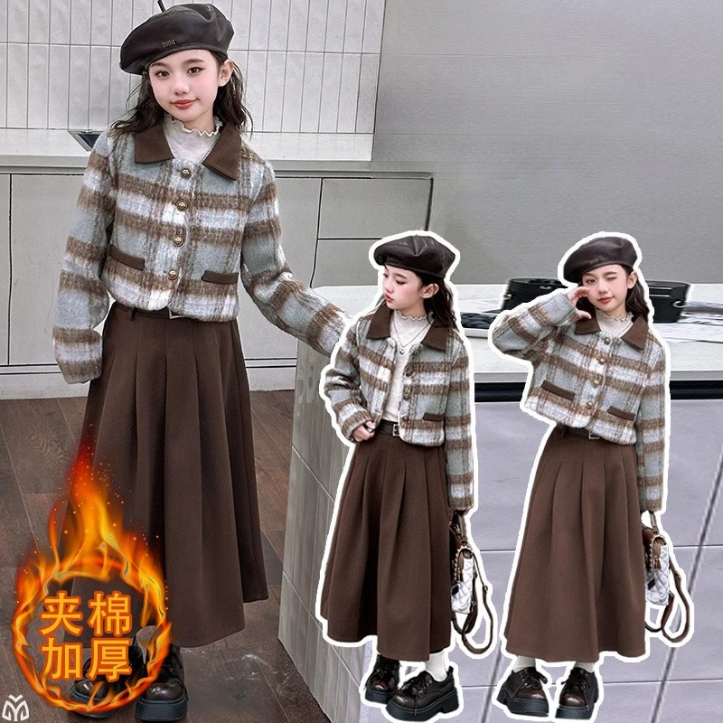

autumn winter 4-14 French design teen girl thick cotton grid woolen coat pleated long skirt+belt junior kid jacket child outfits
