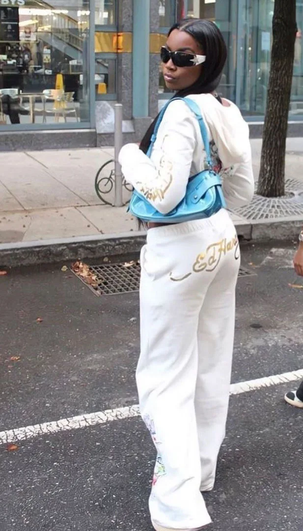 2025 Spring New Street Style Skull Heart Print Basic Zipper Short Cardigan High Waist Straight Pants Two-piece Set Women