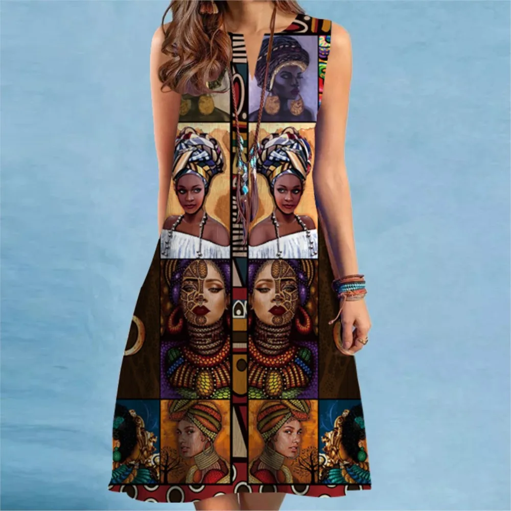 Vintage Printed Sleeveless Pullover A-Line Dress 2024 Summer New Women's Bohemian 3D Printed Dress Vestidos Elegantes Femme Robe