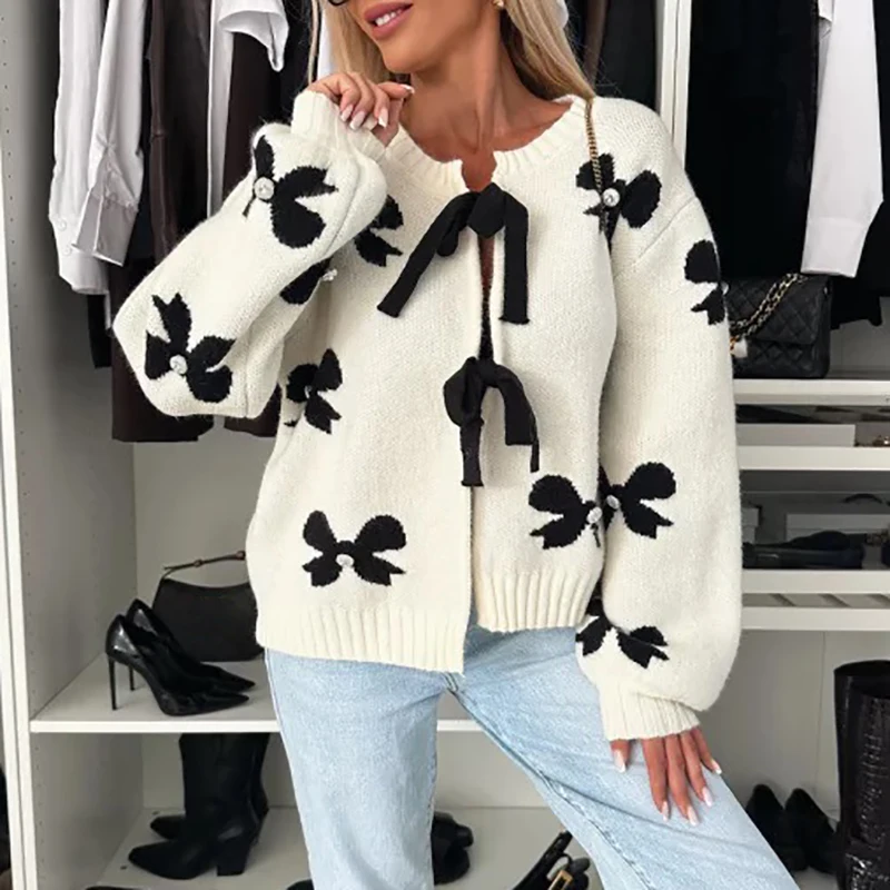 Women Causal Long Sleeve Loose Cardigan Jumper Fashion Butterfly Knot Printed Knitted Coat Elegant O-neck Lace Up Hollow Sweater