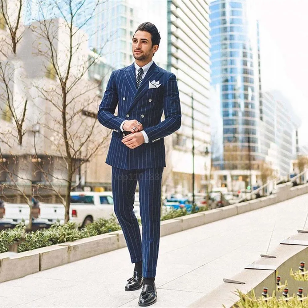 Men's Classic Striped Peak Lapel Suits Slim Fit Business Blazer Double Breasted Wedding Groom Tuxedos 2 Piece Set