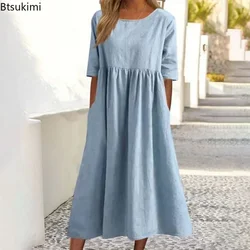 New 2024 Women's Summer Casual Cotton Linen Dress Oversized Solid O-neck Half Sleeve Loose Dress Female Vestidos De Mujer S-5XL