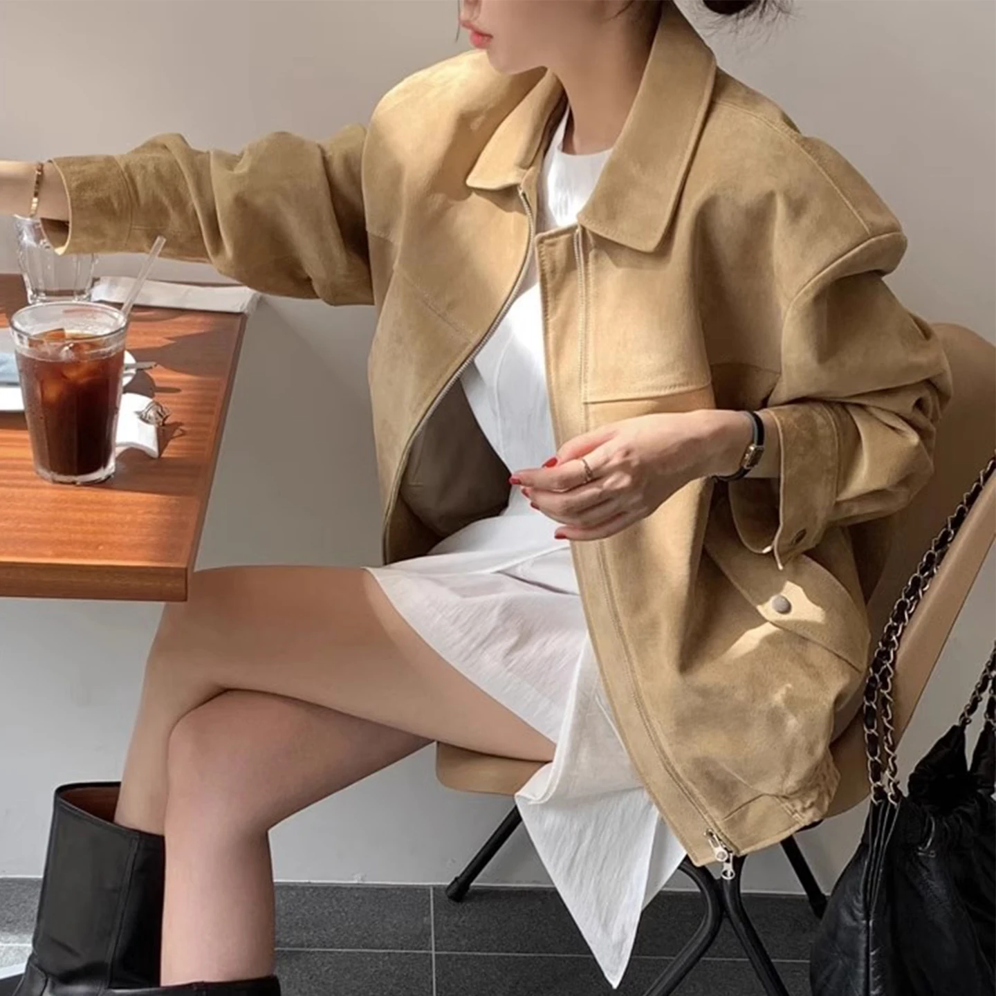 Retro Sle Women's ort Jaet Loose Fit Flip Collar Deer Skin Velvet Summer Casual Coat Small Size Lady Top Zipper Closure