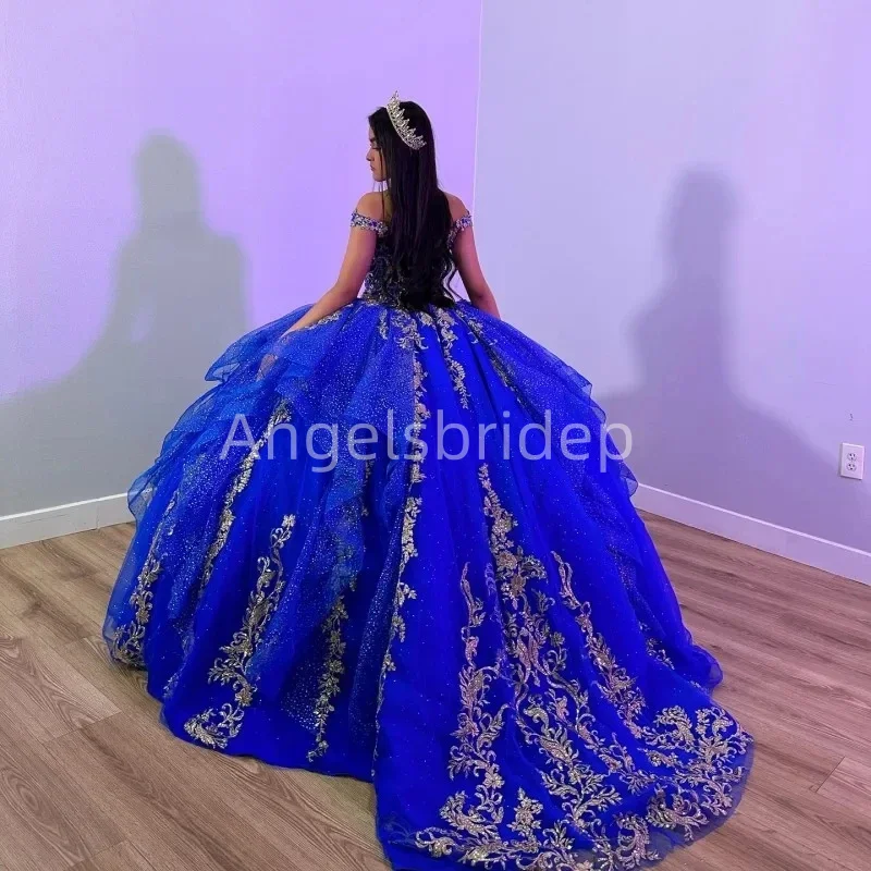 Angelsbride Shiny Royal Blue Quinceanera Dresses Crystal Gold Beading Lace Birthday Party Princess Gown Vestidos De 15 Anos